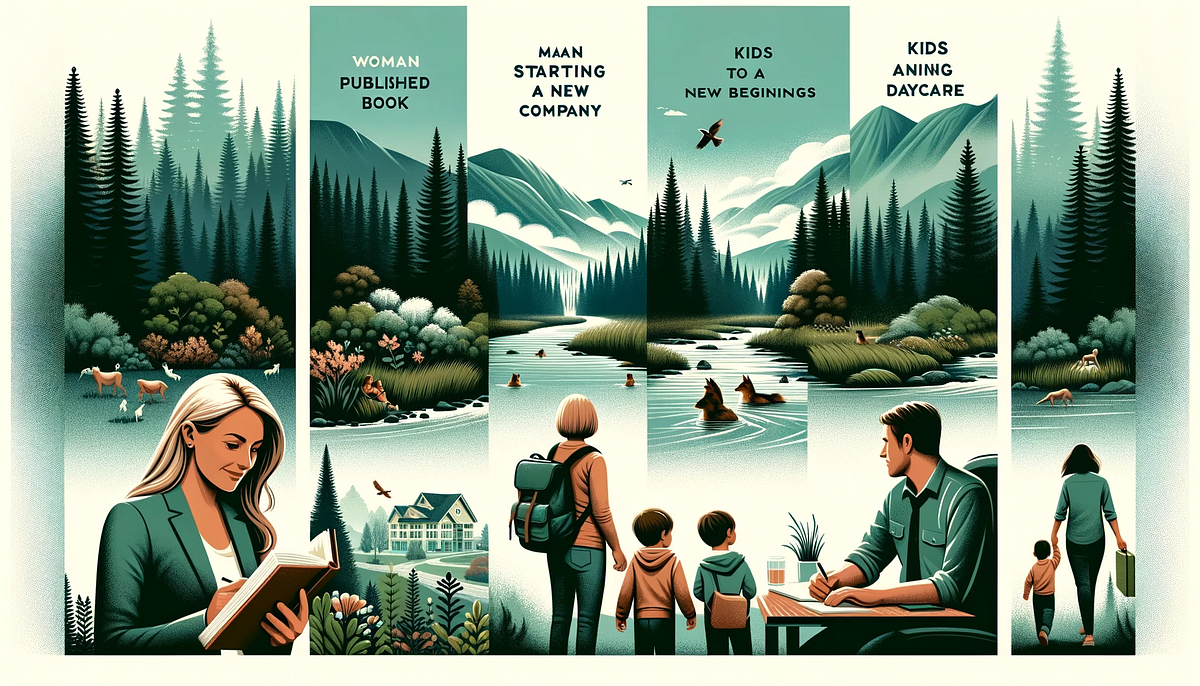 I asked ChatGPT to make a picture of the first paragraph in the style of a Pacific Northwest poster. Woman did publish book and maan is starting a new company.