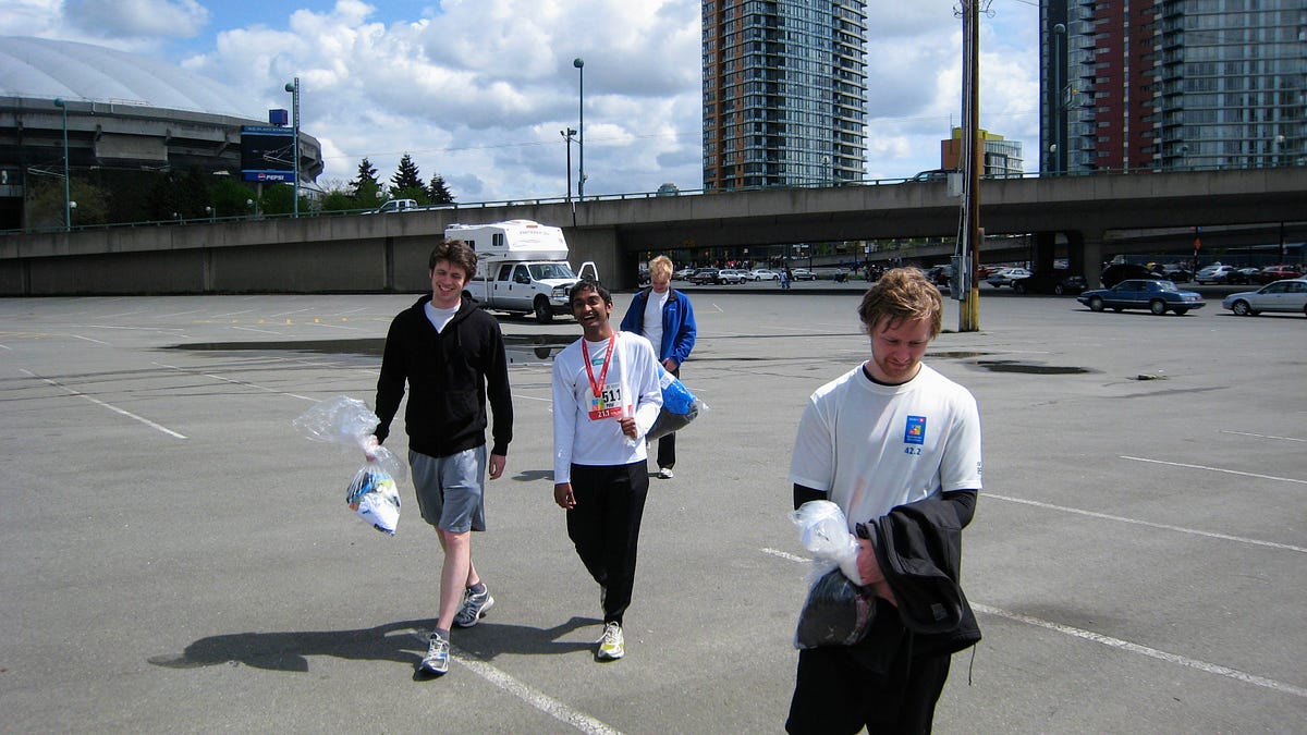 My first marathon attempt was the 2009 Vancouver Marathon. I sprained my ankle on an early training run and ended up running the half. This picture was taken right after we finished. I’m in much less pain then the folks who decided to run the full.